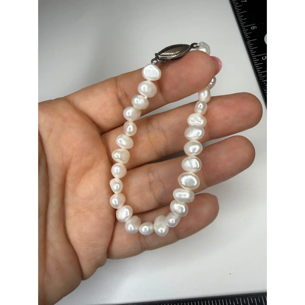 White Freshwater Cultured Pearl Bracelet Baroque Silver Tone Filigree Clasp